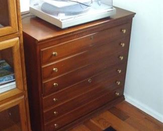 Cherry file cabinet and Technics turntable.