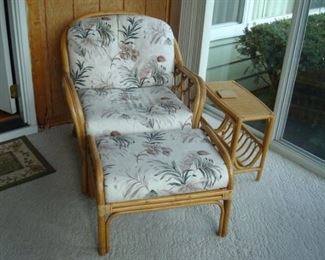 Rattan chair, mag. stand and ottoman.