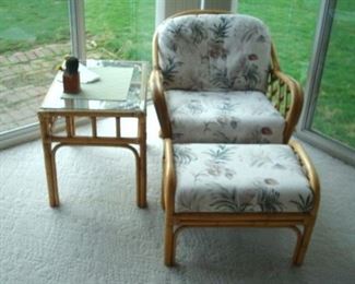 Rattan chair, table and ottoman.