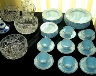 Wedgewood Etruria white on blue china & cut glass bowls.