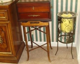 Stand & silver chest with gold tone flatware.