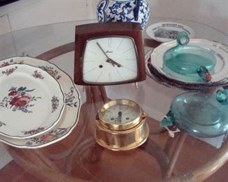 Antique German Deco Kaid clock and brass chronometer, Villeroy & Bach platters, & etc.