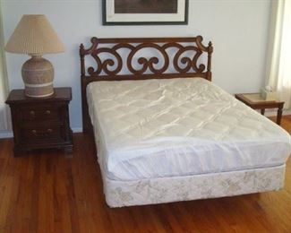 Thomasville double bed, mattress set, bed side stands and lamp.