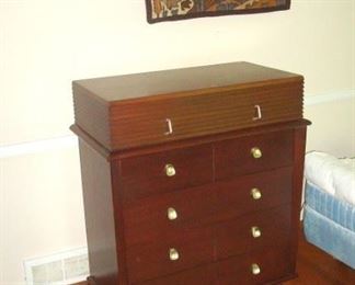 Mid Century American of Martinsville chest of drawers and vintage wall hanging.