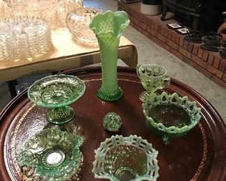 Green Fenton Hobnail, Vaseline glass, OpenLace.