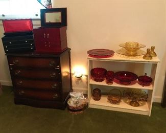 4 drawer chest (Needs some veneer work or Paint). Amberina Glass, Ruby Red Glass, Amber Glass. Indiana Glass Co.