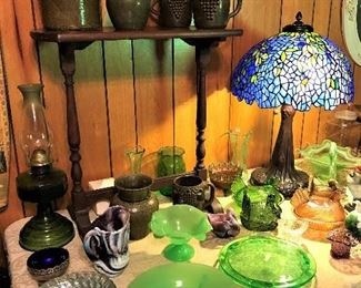 Lanier Meaders signed Georgia folk pottery, Dale Tiffany Lamp, Vaseline Glass, Vintage Glass.