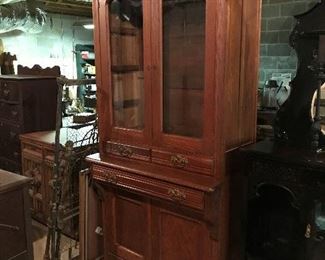 Antique Oak Cabinet, Antique Iron Beds.