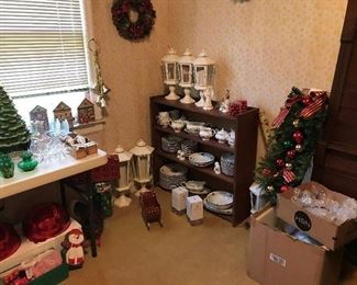 Christmas China. Lanterns, New Luminara Lamps & candles, Valerie Parr Hill wreath, ornaments.
