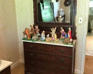 Marble top East Lake antique dresser and Mirror. Nativity Scene