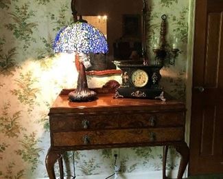 Foyer Table. Mirror, Antique Clock. One of two new Dale Tiffany Lamps