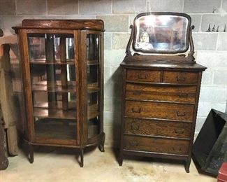 Curved glass Antique Oak Display Cabinet. Antique Oak Chest of Drawers with mirror