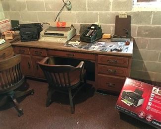 Old Desks, Old Desk Chairs, Old office equipment, Typewriters. Adding Machines, etc.