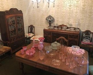 Fenton Coin Dot,  Cabbage Rose Sharon Glasses, Cherry Blossom Pitcher and glasses.