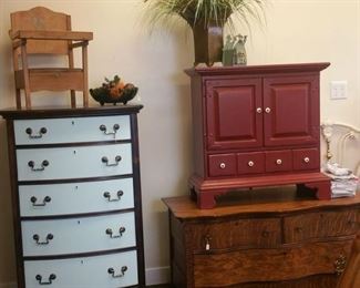 painted chest of drawers, painted low cabinet, tiger maple dresser, old potty chair