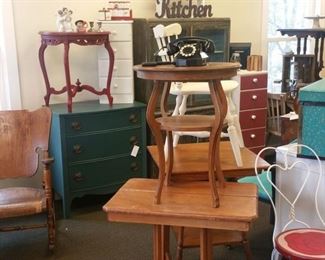 Antique and vintage furniture.  Eastlake tables, old rocking chair, ice cream chair, painted chest of drawers