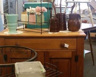 lovely old pine cabinet, wire shelf, brownware pitchers