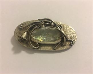 Mid Century Raw Opal Sterling Silver Brooch 