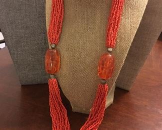 Fine Coral & Natural Chunky Amber Statement Necklace - High Fashion