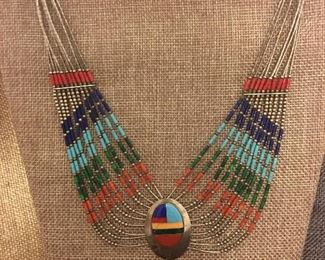 RARE Sterling Silver SIGNED Zuni Tribal Southwestern Necklace - very delicate piece!