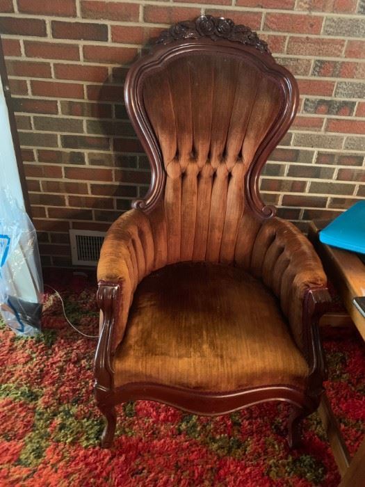#3	button back rust rose carved chair 	 $75.00 
