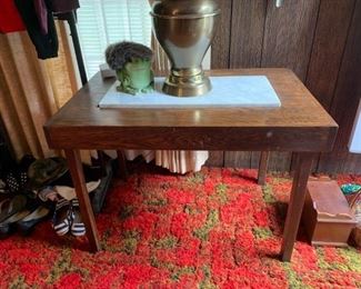 #4	handmade end table w marble in middle 38x24x27 	 $75.00 
