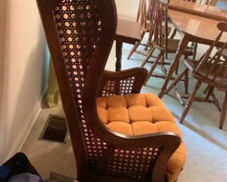 #24	cain side wing back chair w orange button back 	 $75.00 
