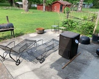 #52	suncrest beer cooler stand on wheels 	 $60.00 
#53	2 metal chase lounge  $75 ea	 $150.00 
#54	smoker grill	 $40.00 
#55	iron kettle pot on legs 	 $100.00 
#56	iron kettle pot w chip and rust 	 $75.00 
