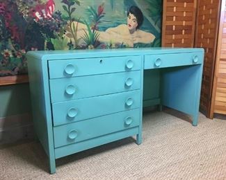 1930s Art Deco desk by Simmons Furniture, designed by Norman Bel Geddes. Professionally powder coated a soft green (photo is showing more turquoise than the actual color.)