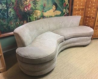 Vladimir Kagan inspired 1950s kidney-shaped sofa, professionally upholstered in a champagne color crocodile embossed fabric