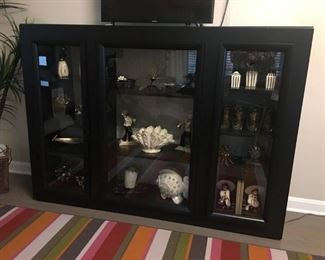 1950s mid-century modern display cabinet, exterior is professionally painted black with the original cerused finish interior except for the professionally painted back panel in a soft taupe