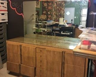 American of Martinsville mid-century 9-drawer dresser with curved beveled mirror and custom cut glass top