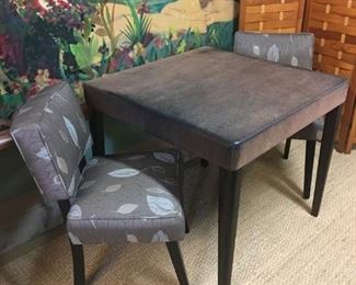 1950s square table and coordinating 1950s chairs, professionally reupholstered and legs stained a dark espresso color