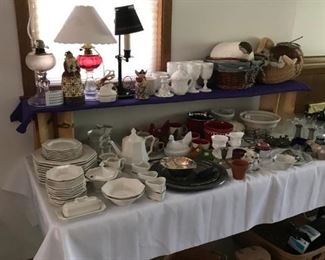 Oil lamp, Milk Glass, China, Longaberger baskets, Silver Trays, Hen on Nest, Silver plate flatware, service for 11 in wood chest