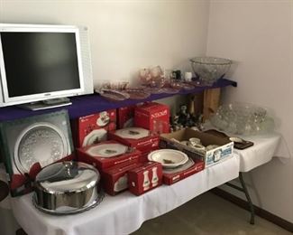 Punch Bowls and glasses, Nikko Christmastime Dishes; two, 4 piece place settings, salt and pepper, butter dish, bowls, serving pieces, water pitcher, Pink Depression cups and saucers, Sanyo TV, Child's Tea Set, and Cats, Cats, Cats!!!