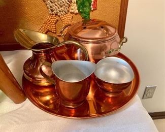 Copper tea, cream and sugar and tray