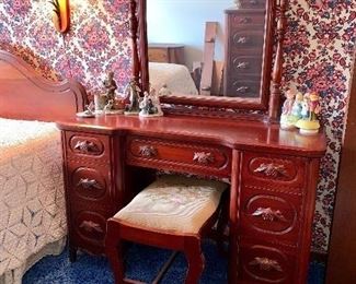 Vintage bedroom set w/Full bed, Tall boy dresser, night stand, vanity w/mirror and needle point ottoman