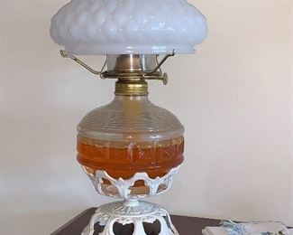 Vintage, cast iron base, oil lamp