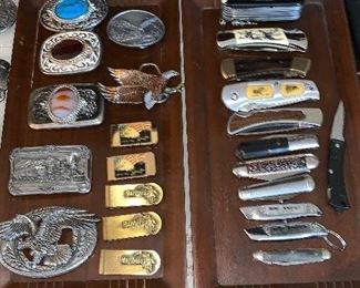 Belt buckles, money clips and pocket knives 