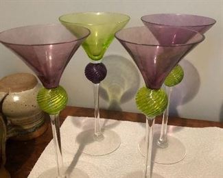 Exquisite martini glasses in green and eggplant.
