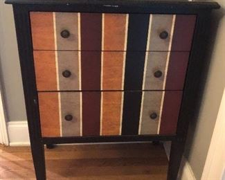 Quirky accent table with multi-colored wood.  (Top needs paint).  