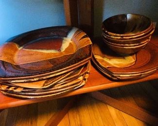 Handmade pottery dinnerware.  8 dinner plates (10" D), 4 luncheon plates, 5 bowls.  