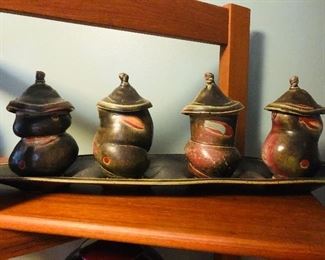 Four lidded pots with tray.  