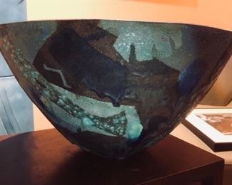 Spectacular blue pottery bowl 20" D x 11" H. 