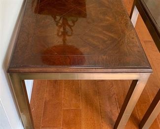 2 Steel Frame Burl Wood Top End Tables PAIR	22x23.5x28.5in	HxWxD
