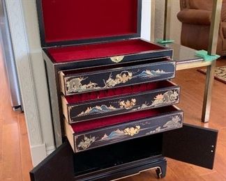 Black Lacquer Hand Painted Chinoiserie Cabinet/Chest	33x24x14in	HxWxD