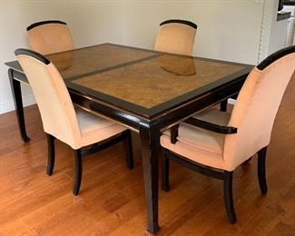 Black Lacquer Burl Wood Dining Room Table w/ 4 Chairs	30x44x68in + TWO 18in Leaves HxWxD
