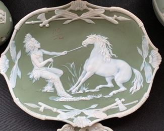 Antique German Green/White Jasperware Plaque Native American w/ Horse