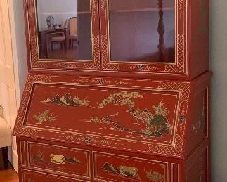 Red Lacquer Hand Painted Chinoiserie Secretary/Desk/Cabinet	80x37x19in HxWxD