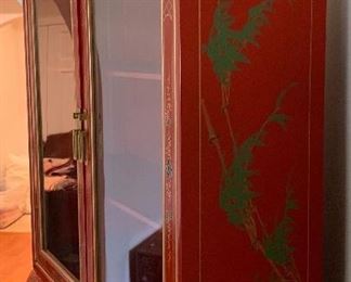 Red Lacquer Hand Painted Chinoiserie Secretary/Desk/Cabinet	80x37x19in HxWxD